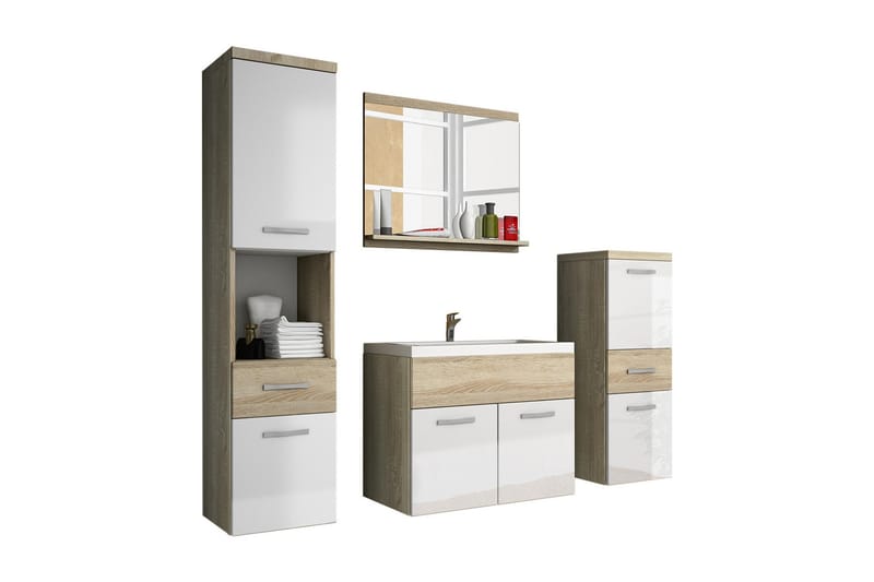 Kylpyhuonesetti Alba - Tammi/Valkoinen/Korkeakiilto - Talo & remontointi - Keittiö & kylpyhuone - Kylpyhuone - Kylpyhuonekalusteet - Kylpyhuonekalustepaketit