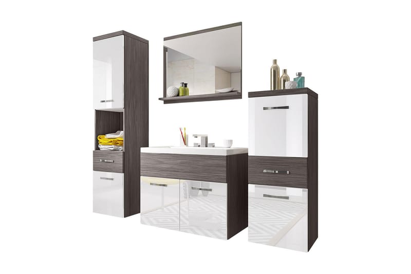Kylpyhuonesetti Alba - Valkoinen/Korkeakiilto/Harmaa/Ruskea - Talo & remontointi - Keittiö & kylpyhuone - Kylpyhuone - Kylpyhuonekalusteet - Kylpyhuonekalustepaketit