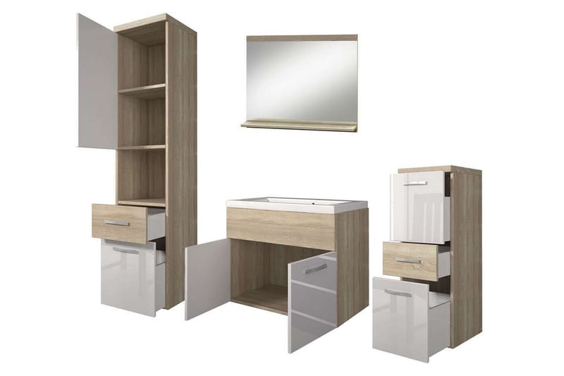Kylpyhuonesetti Alba - Valkoinen/Korkeakiilto/Harmaa/Ruskea - Talo & remontointi - Keittiö & kylpyhuone - Kylpyhuone - Kylpyhuonekalusteet - Kylpyhuonekalustepaketit