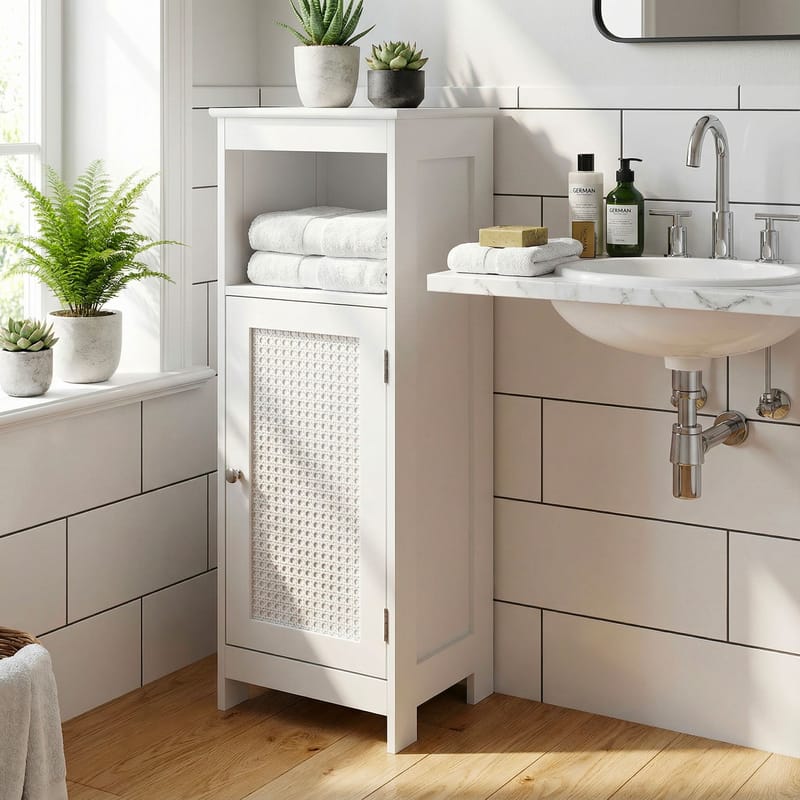 Morano-kylpyhuonekaappi 30x80 cm Wien-punoksella - valkoinen ja hopeanvärinen - Talo & remontointi - Keittiö & kylpyhuone - Kylpyhuone - Kylpyhuonekalusteet - Seinäkaappi & korkea kaappi