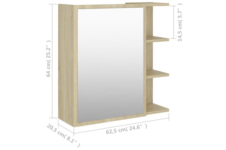 Kylpyhuoneen peilikaappi Sonoma-tammi 62,5x20,5x64 cm - Ruskea - Peilikaapit - Kylpyhuoneekaappi valaistuksella