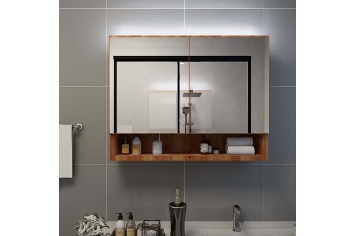 LED kylpyhuoneen peilikaappi tammi 80x15x60 cm MDF - Ruskea - Peilikaapit - Kylpyhuoneekaappi valaistuksella