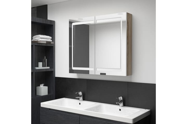 LED kylpyhuoneen peilikaappi valkoinen ja tammi 80x12x68 cm - Peilikaapit - Kylpyhuoneekaappi valaistuksella