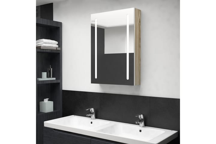 LED kylpyhuoneen peilikaappi valkoinen ja tammi 50x13x70 cm - Peilikaapit - Kylpyhuoneekaappi valaistuksella