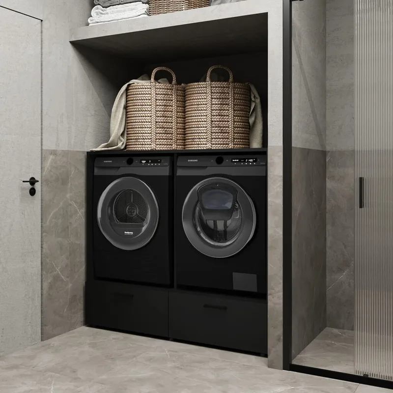 Pesukoneen/Kuivausrummun Kaappi Rosa 2 laatikon kanssa - Musta onyksi - Talo & remontointi - Keittiö & kylpyhuone - Kylpyhuone - Kylpyhuonekalusteet - Kylpyhuoneen säilytys