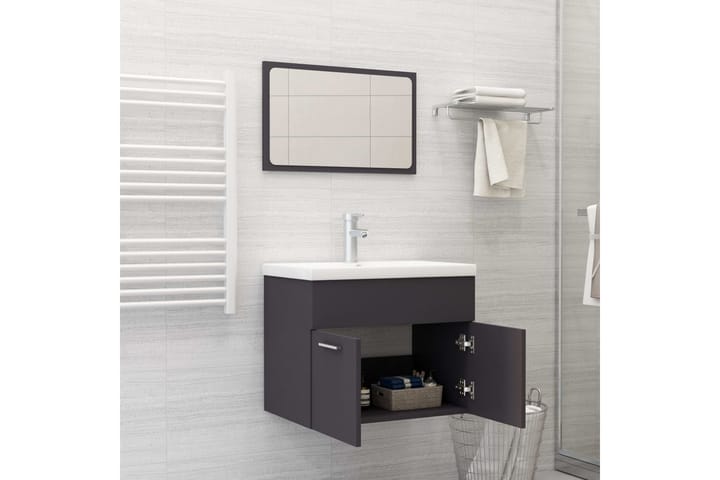 Kaksiosainen kylpyhuoneen kalustesarja harmaa lastulevy - Kylpyhuoneekaappi valaistuksella - Seinäkaappi & korkea kaappi - Pyykkikaappi - Kylpyhuonekaapit