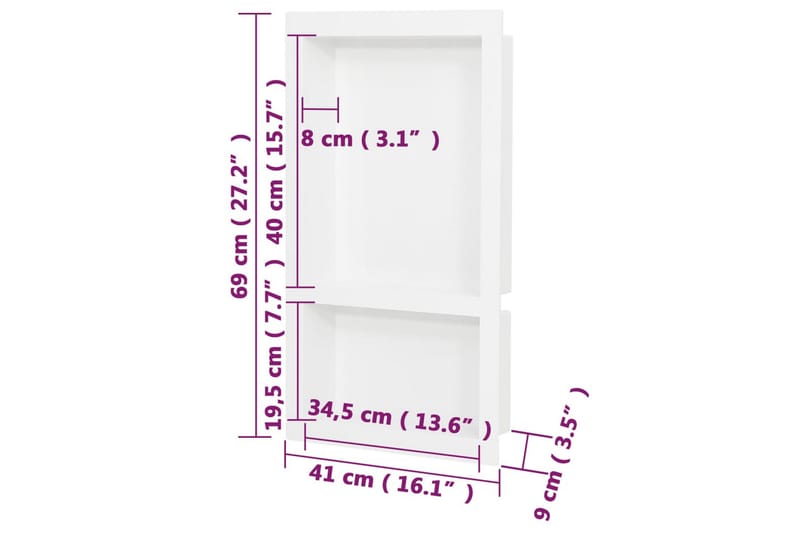 Suihkusyvennys 2 osastolla korkeakiilto valkoinen 41x69x9 cm - Valkoinen - Talo & remontointi - Keittiö & kylpyhuone - Kylpyhuone - Suihkutarvikkeet - Suihkuhyllyt & suihkukorit