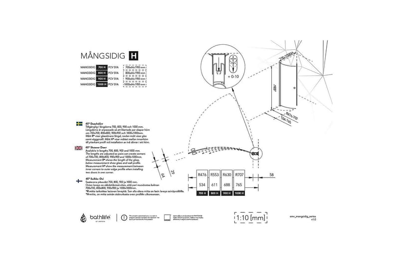 Suihkuovi Månsidig Kaareva - 76,5cm | 45° - Suihkuovi - Suihkukulmat