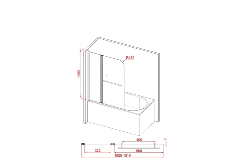 Suihkuseinä Ruske 140 cm - Musta - Talo & remontointi - Keittiö & kylpyhuone - Kylpyhuone - Suihkukalusteet - Suihkuseinät