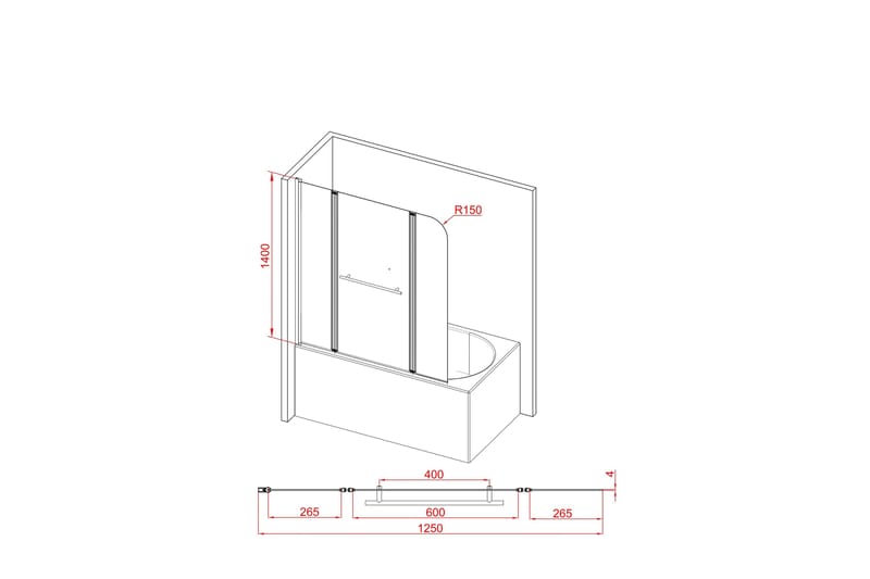 Suihkuseinä Ruske 140 cm - Musta - Talo & remontointi - Keittiö & kylpyhuone - Kylpyhuone - Suihkukalusteet - Suihkuseinät