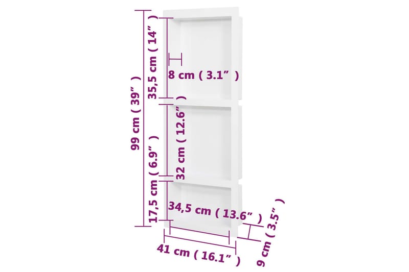 Suihkusyvennys 3 osastolla mattavalkoinen 41x99x9 cm - Valkoinen - Talo & remontointi - Keittiö & kylpyhuone - Kylpyhuone - Suihkutarvikkeet - Suihkuhyllyt & suihkukorit