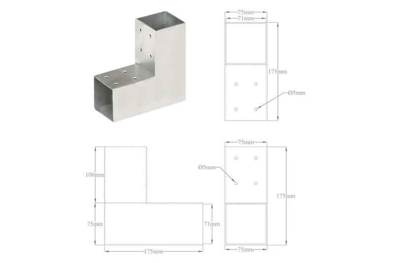 Tolppaliitin L-muoto galvanoitu metalli 71x71 mm - Aitatolpat