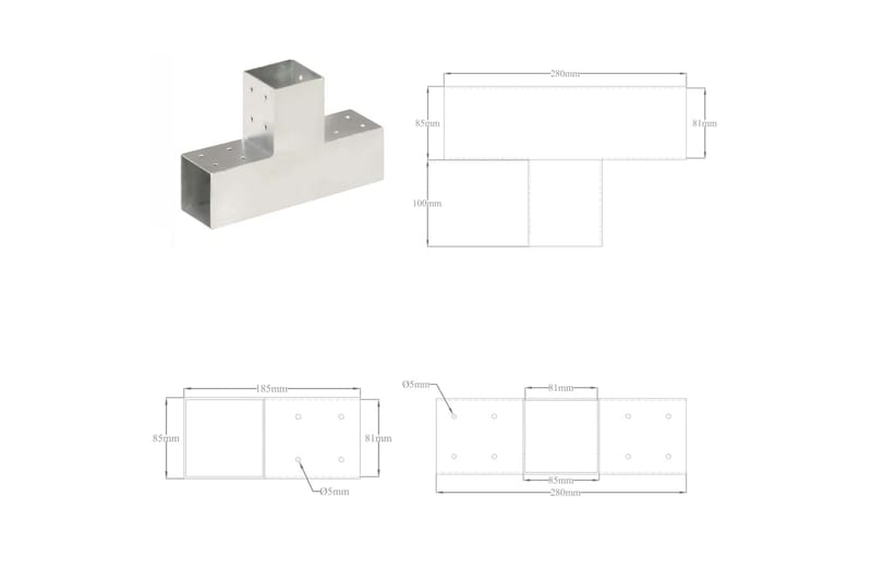 Tolppaliittimet 4 kpl T-muoto galvanoitu metalli 81x81 mm - Aitatolpat