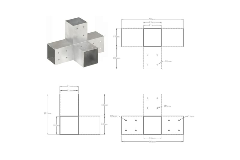 Tolppaliittimet 4 kpl X-muoto galvanoitu metalli 81x81 mm - Aitatolpat