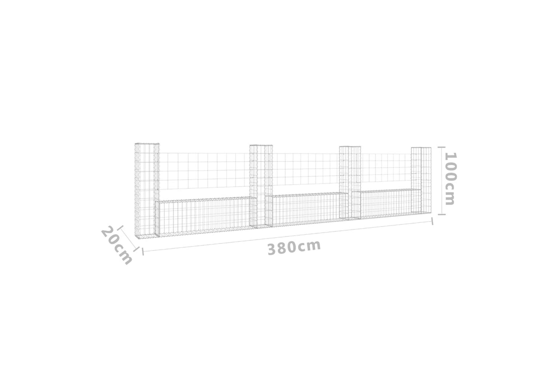 U-muotoiset kivikorit 4 pylväällä rauta 380x20x100 cm - Hopea - Talo & remontointi - Näkösuojat & aitaukset - Muuri - Kivikori