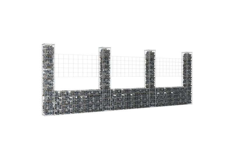 U-muotoiset kivikorit 4 pylväällä rauta 380x20x150 cm - Hopea - Talo & remontointi - Näkösuojat & aitaukset - Muuri - Kivikori