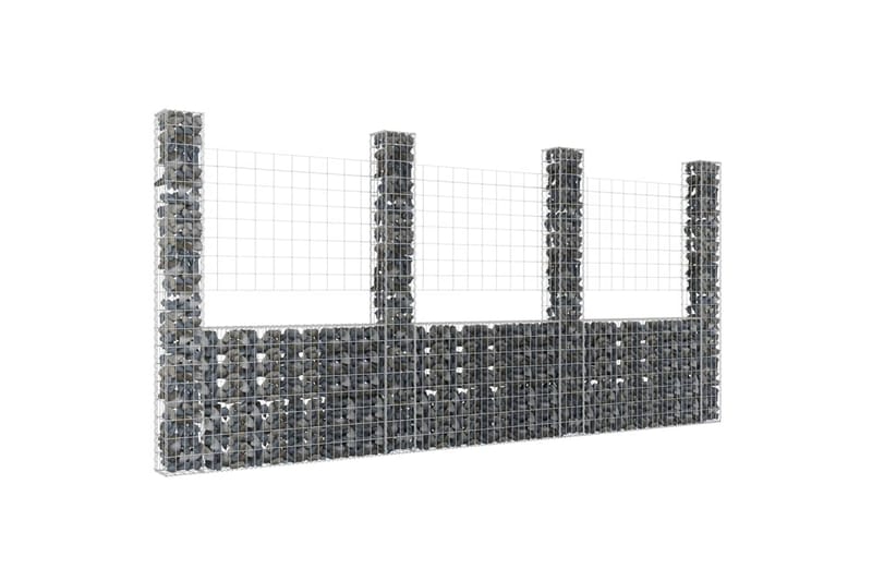 U-muotoiset kivikorit 4 pylväällä rauta 380x20x200 cm - Hopea - Talo & remontointi - Näkösuojat & aitaukset - Muuri - Kivikori