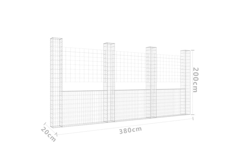 U-muotoiset kivikorit 4 pylväällä rauta 380x20x200 cm - Hopea - Talo & remontointi - Näkösuojat & aitaukset - Muuri - Kivikori