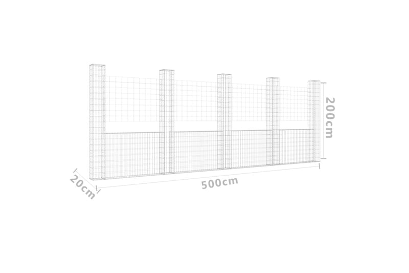 U-muotoiset kivikorit 5 pylväällä rauta 500x20x200 cm - Hopea - Talo & remontointi - Näkösuojat & aitaukset - Muuri - Kivikori