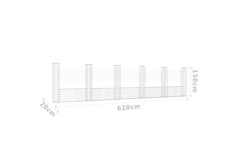 U-muotoiset kivikorit 6 pylväällä rauta 620x20x150 cm - Hopea - Talo & remontointi - Näkösuojat & aitaukset - Muuri - Kivikori