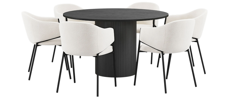 Kopparbo Pyöreä Ruokapöytä 130 cm 6 Filip Ruokatuolilla, Mustapuu / Valkoinen Bouclé