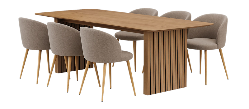 Richeto Ruokapöytä 240 cm 6 Greya Ruokatuolia käsinojilla, Luonnollinen viimeistely / Greige Bouclé / Metallijalat Tammi