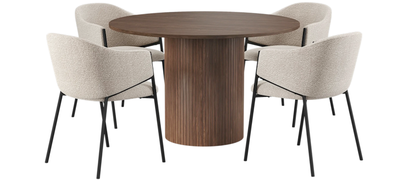 Kopparbo Pyöreä Ruokapöytä 120 cm 6 hengelle 4 Filip Ruokatuolilla, Tummanruskea / Taupe Bouclé