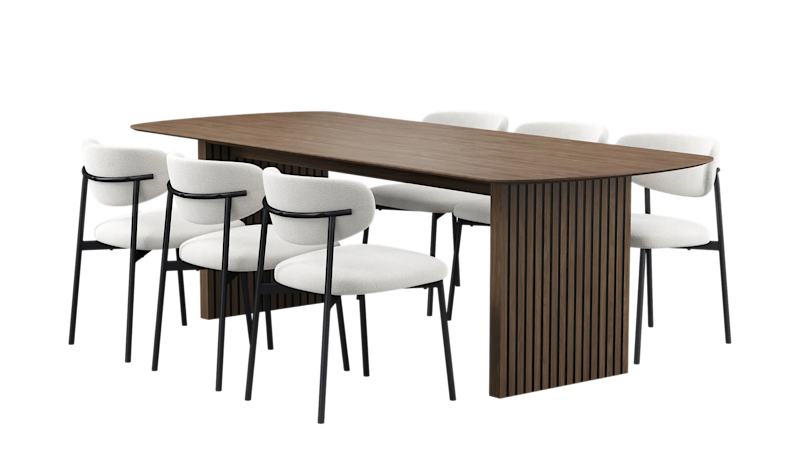 Richeto Ruokapöytä 240 cm 6 Lucy Ruokatuolilla, Savutammi / Valkoinen Bouclé