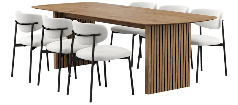 Richeto Ruokapöytä 240 cm 6 Lucy Ruokatuolilla, Luonnollinen viimeistely / Valkoinen Bouclé / Metallijalat Musta